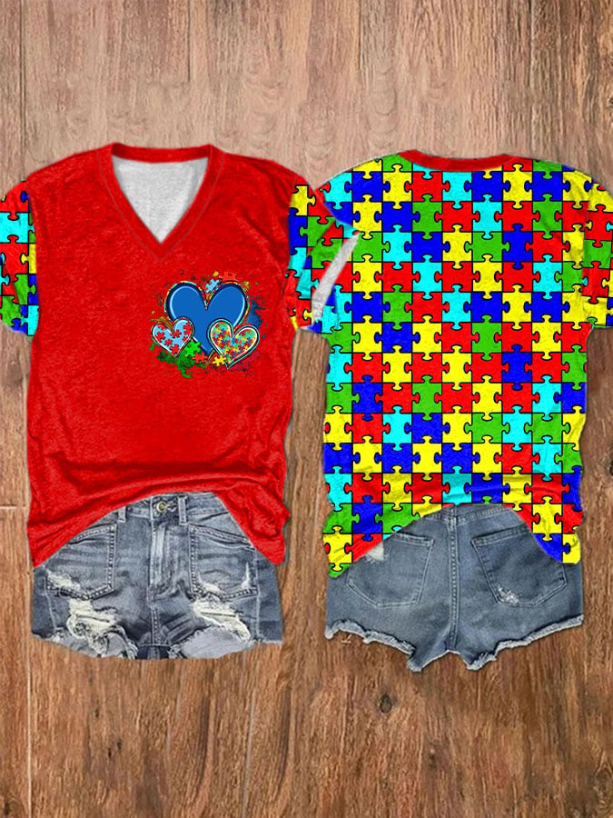 Women'S Autism Printed V-Neck Short Sleeve T-Shirt