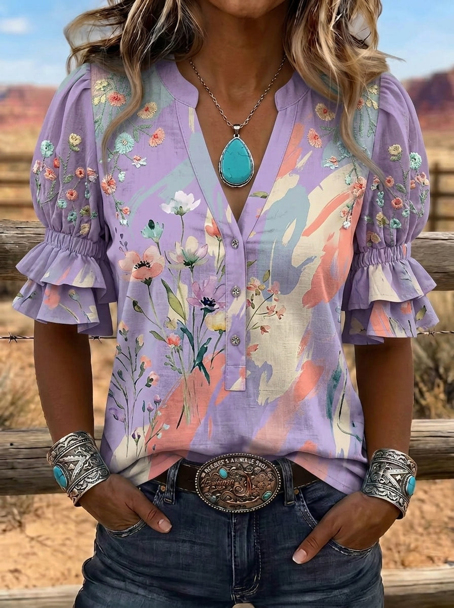 Women's Western Vintage Floral Watercolor Printed V-Neck Top