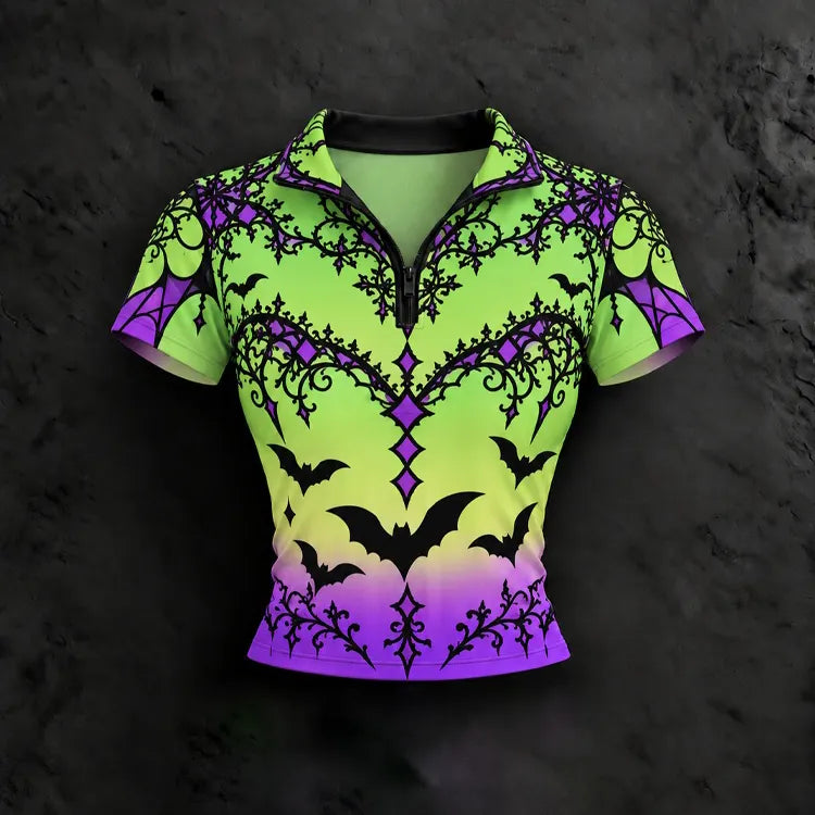 Women's Halloween Lace Bat Gradient Print Short Sleeve Top And Shorts Two-piece Set