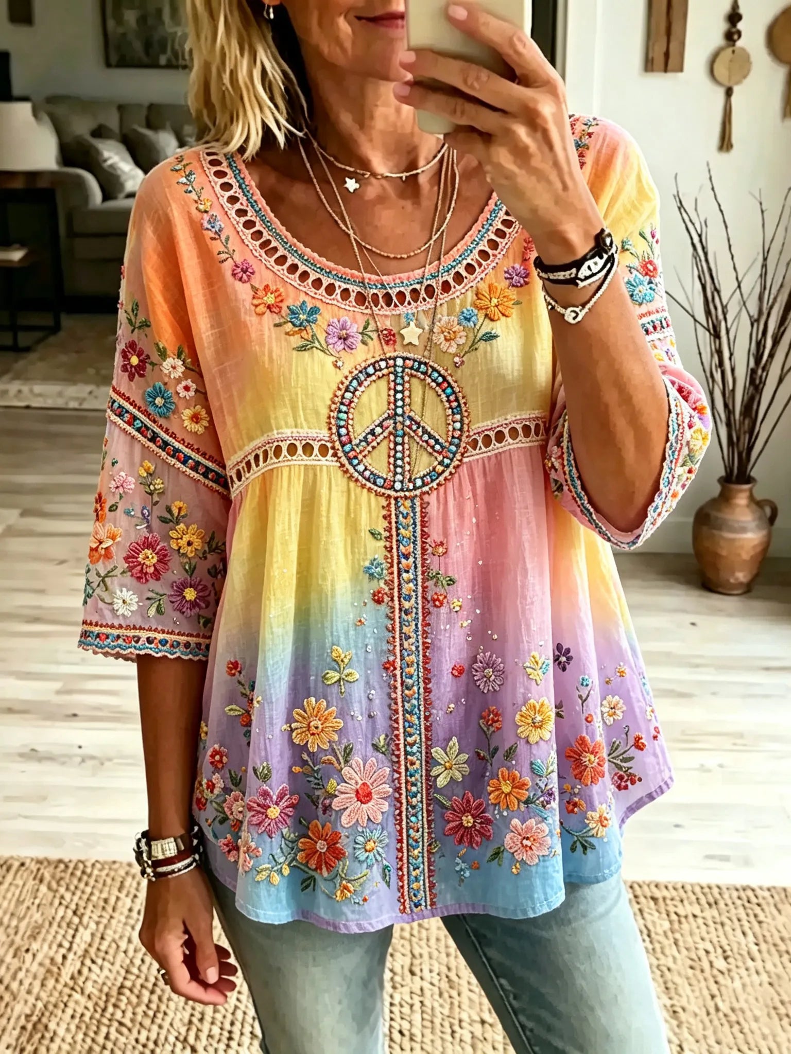 Women's Retro Hippie Peace Floral Embroidery Art Crew Neck Linen Blend T-shirt