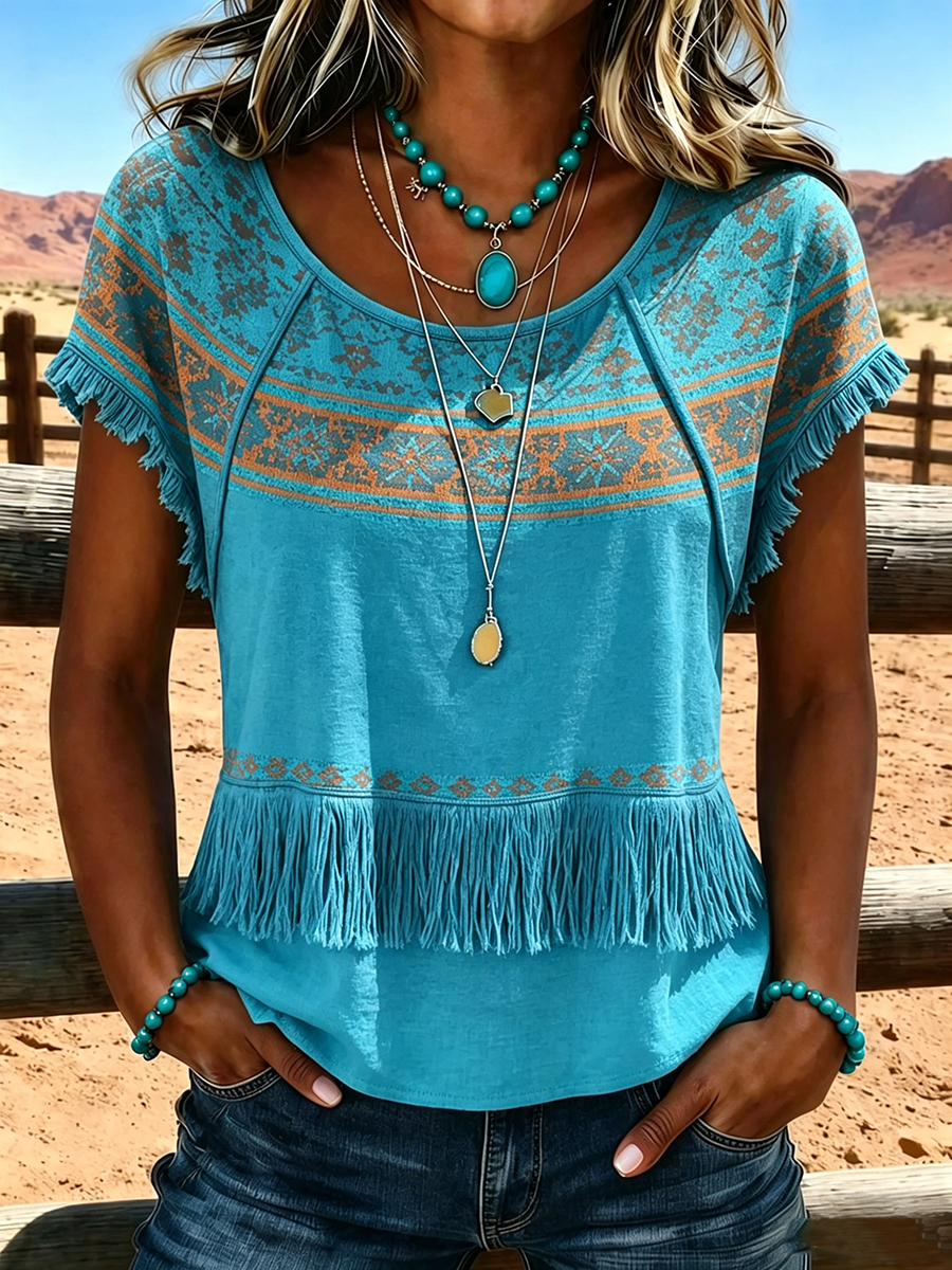 Women's Retro Tassel Ethnic Print Casual Top