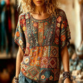 Women's Retro Hippie Style Floral Embroidery Patchwork Print Top