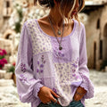 Women's Bohemian Purple Floral Patchwork Art Flowy Long Sleeve Linen T-shirt