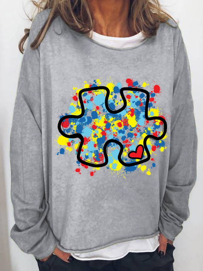 Women's Autism Awareness Be Kind Puzzle Casual Loose Print Sweater