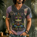 Men's Vintage Hippie Peace For All Pattern Art Embroidered V Neck T-shirt