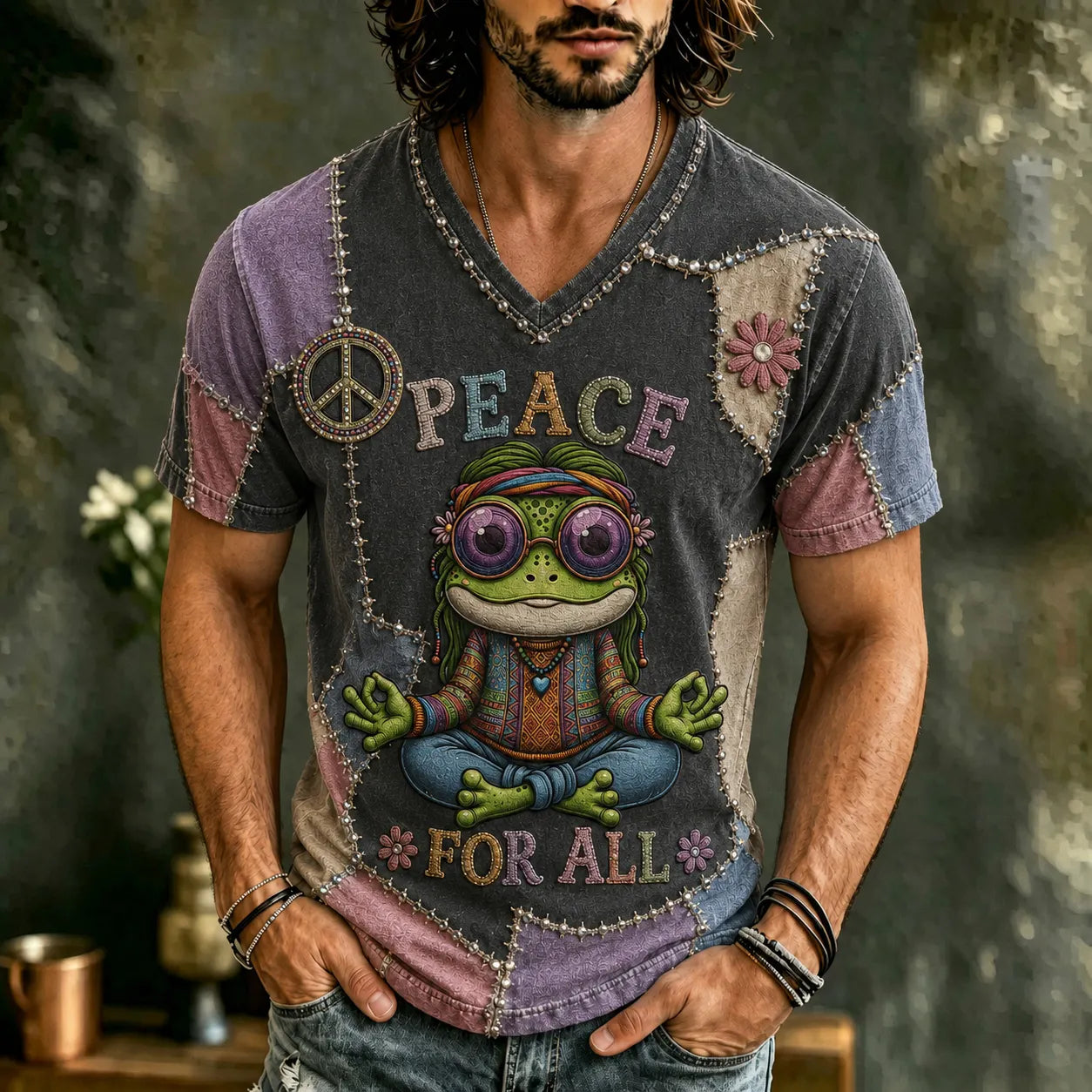 Men's Vintage Hippie Peace For All Pattern Art Embroidered V Neck T-shirt
