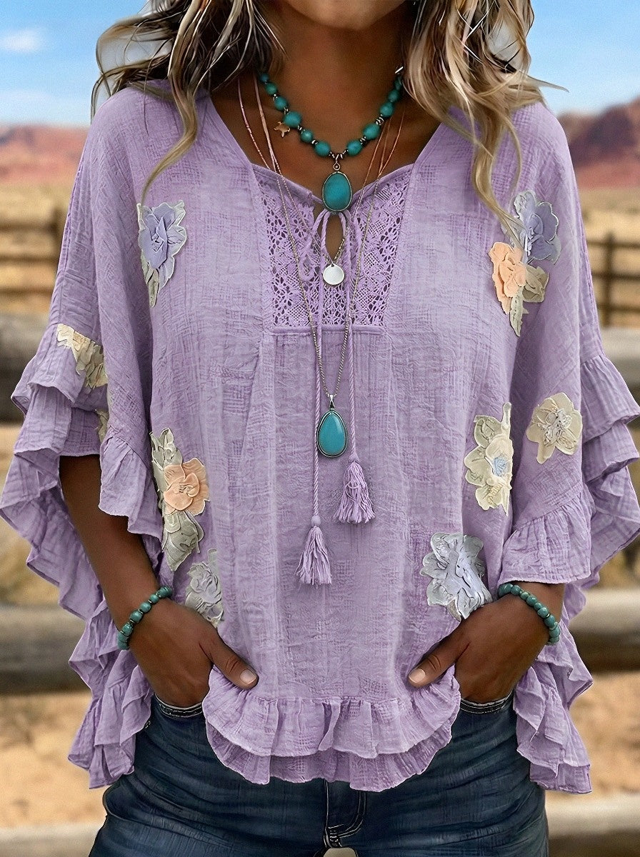 Women's Western Vintage Floral Embroidered Ruffle Sleeve Top