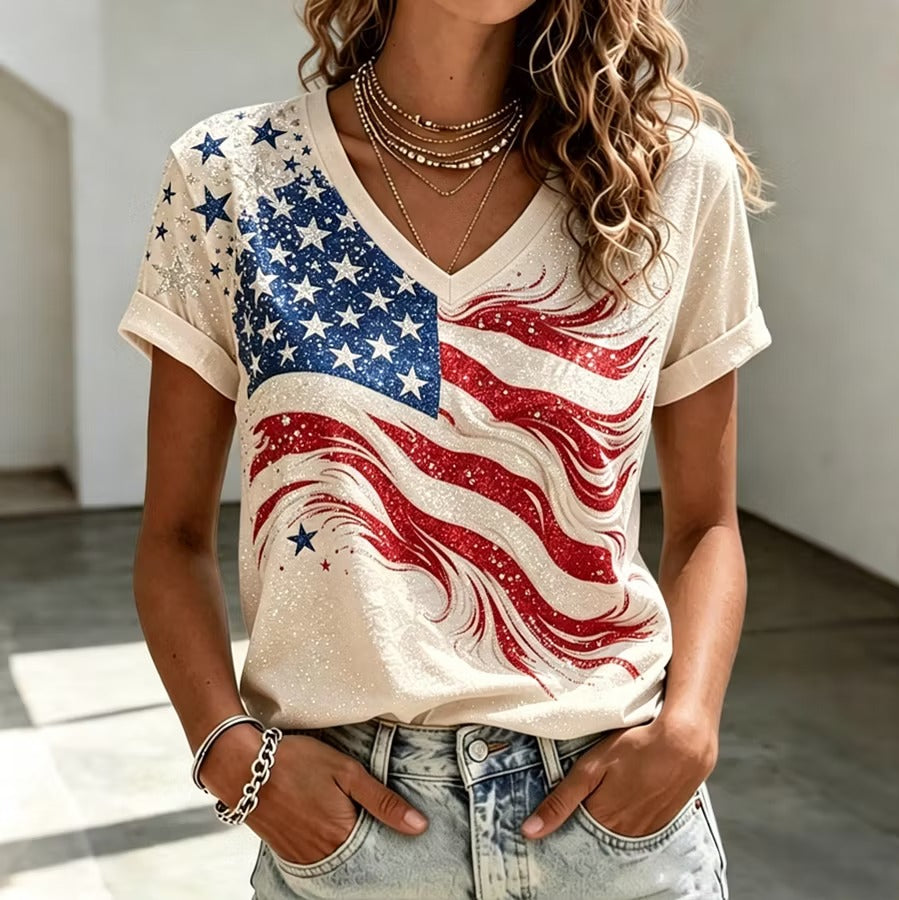 Women's Independence Day Flag Print V-neck Short Sleeve T-shirt