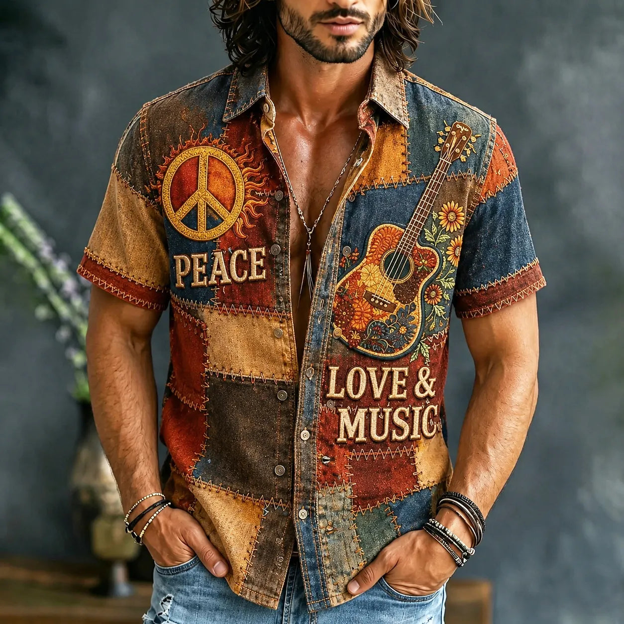 Men's Hippie Peace Love Music Patchwork Print Short Sleeve Shirt