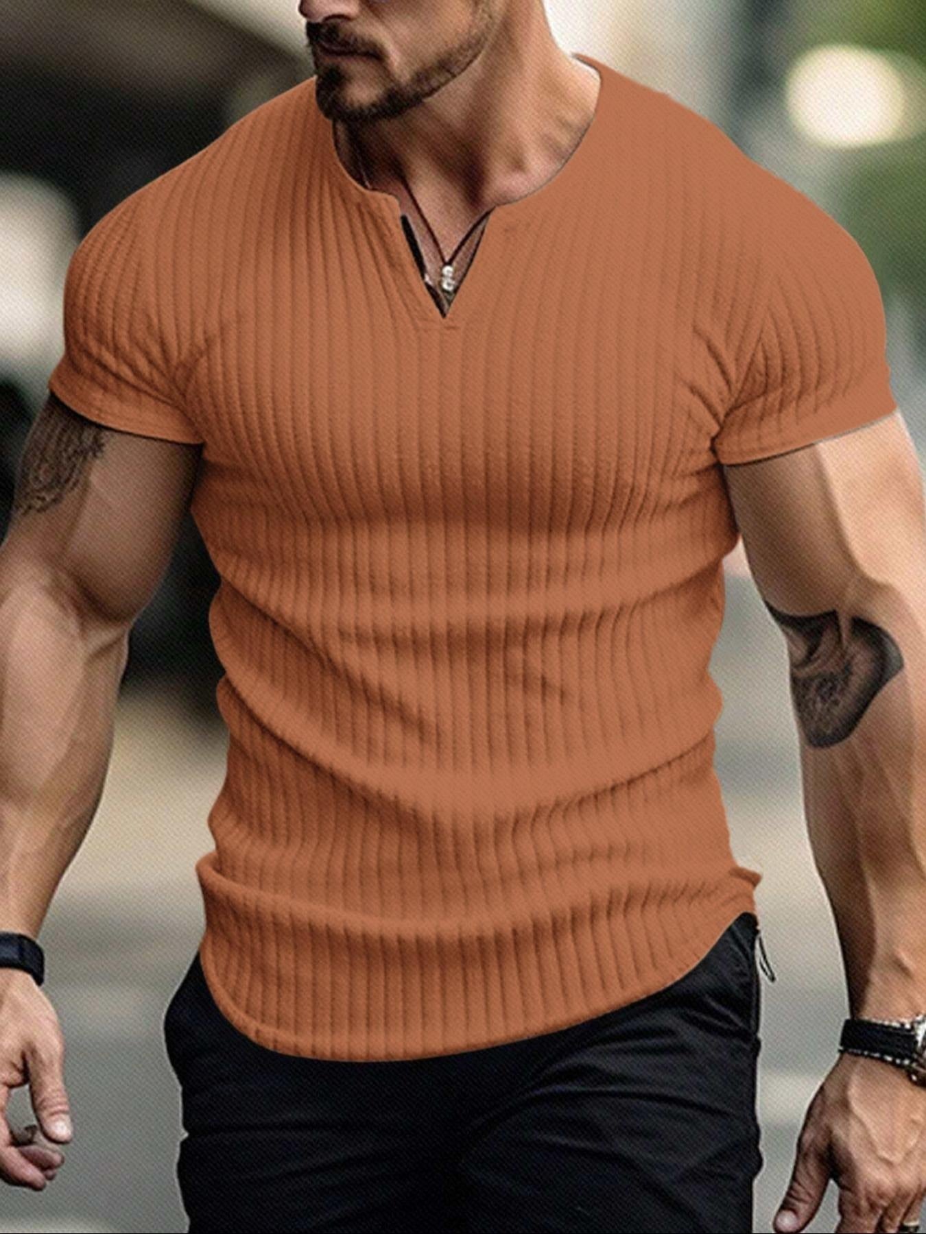Men's Spring Summer Outfits Vertical Striped Textured V-Neck Short Sleeve T-Shirt for Daliy Wear, Gym Wear Solid Color Old Money Style