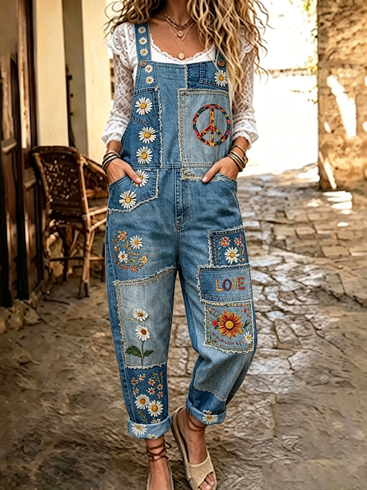 Women's Vintage Hippie Vibes Floral Art Print Flowy Linen Blend Casual Jumpsuit