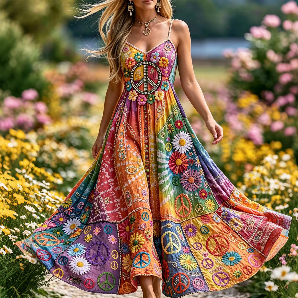 Women's Vintage Hippie Floral Gradient Pattern Casual Linen Sleeveless Dress