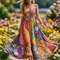 Women's Vintage Hippie Floral Gradient Pattern Casual Linen Sleeveless Dress