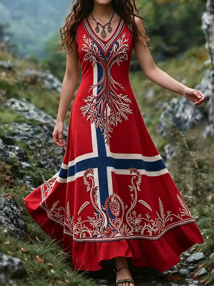 Women's Retro Color Block Cotton Linen Viking Ethnic Print Dress