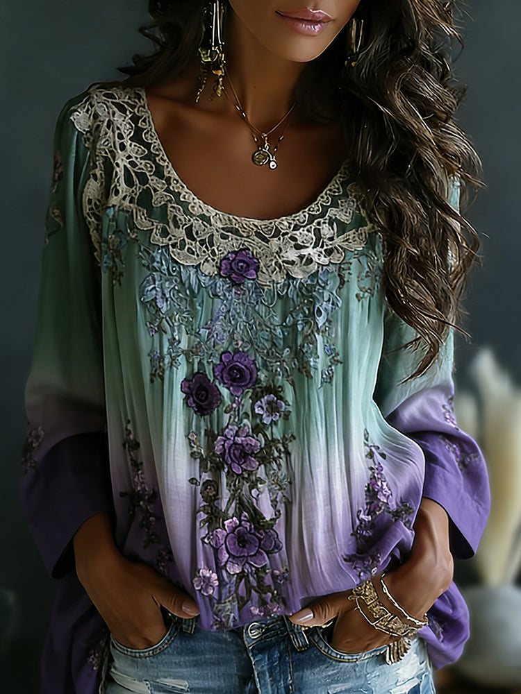 Classy Gradient Purple Lavender And Floral Art Linen Long Sleeve Shirt