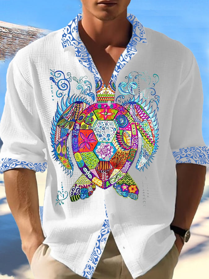 Men's Gulf Of Mexico Turtle Print Vacation Waffle Shirt