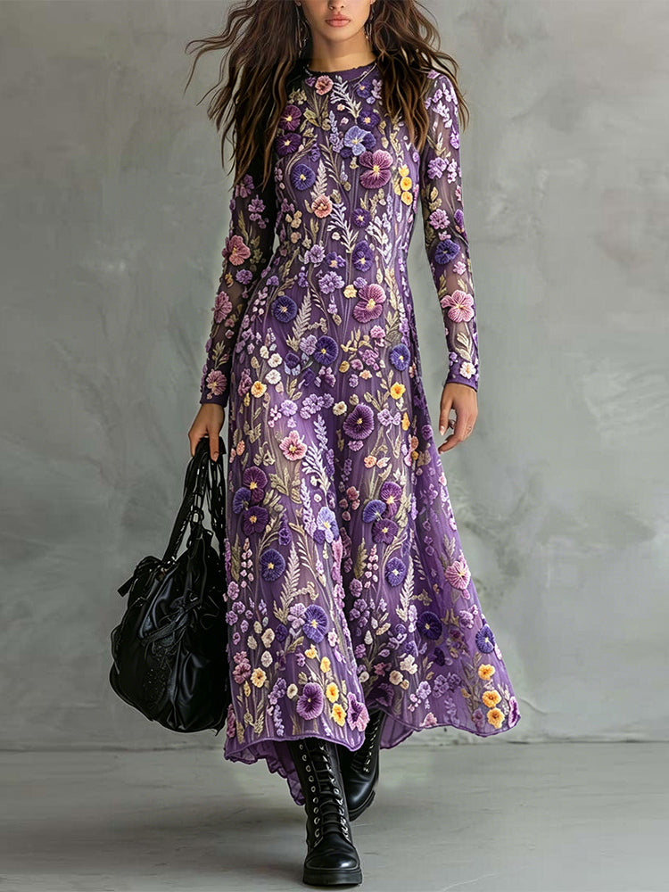 Elegant Violet Wildflower Embroidery Art Flowy Maxi Dress
