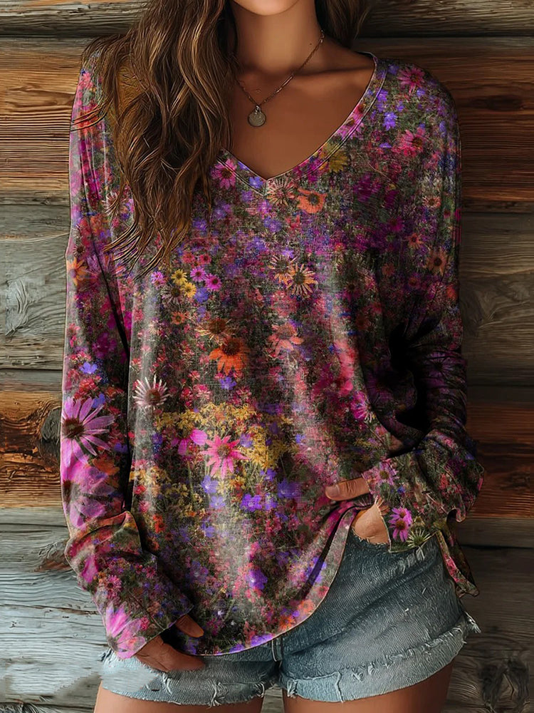 Women's Floral Print Casual Long-sleeve T-shirt