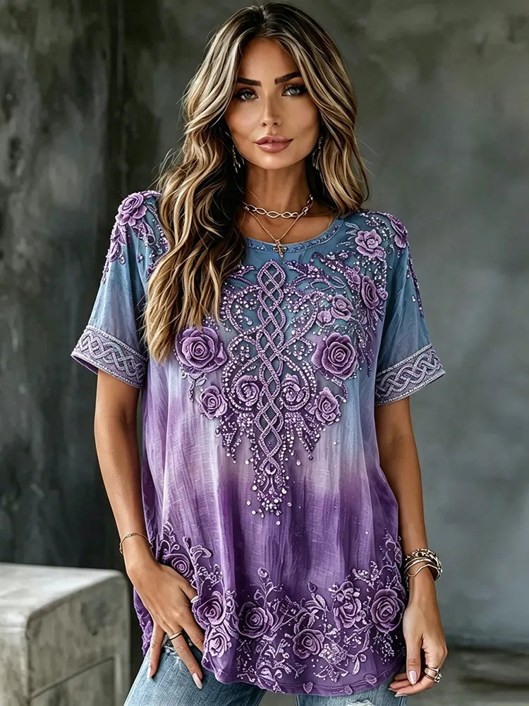 Women's Retro Celtic Knot Floral Gradient Art Flowy Linen Blend Casual Tops