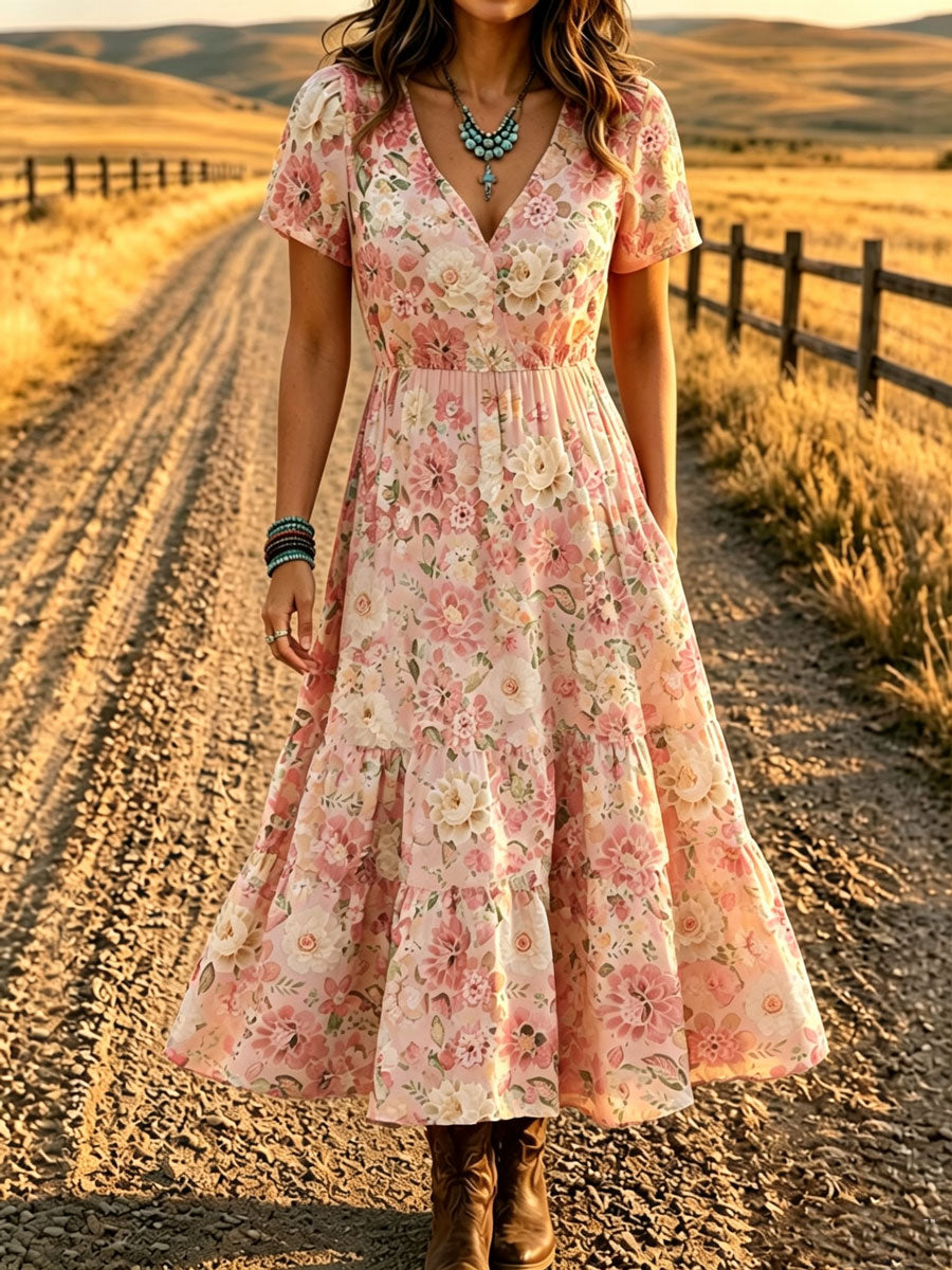 Women'S Western Style V-Neck Short Sleeved Floral Pattern Dress