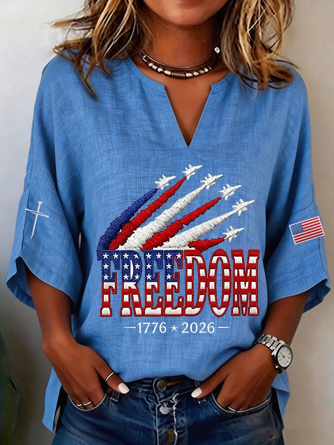 Women's Retro Freedom American Flag Cross Printed Casual Shirt