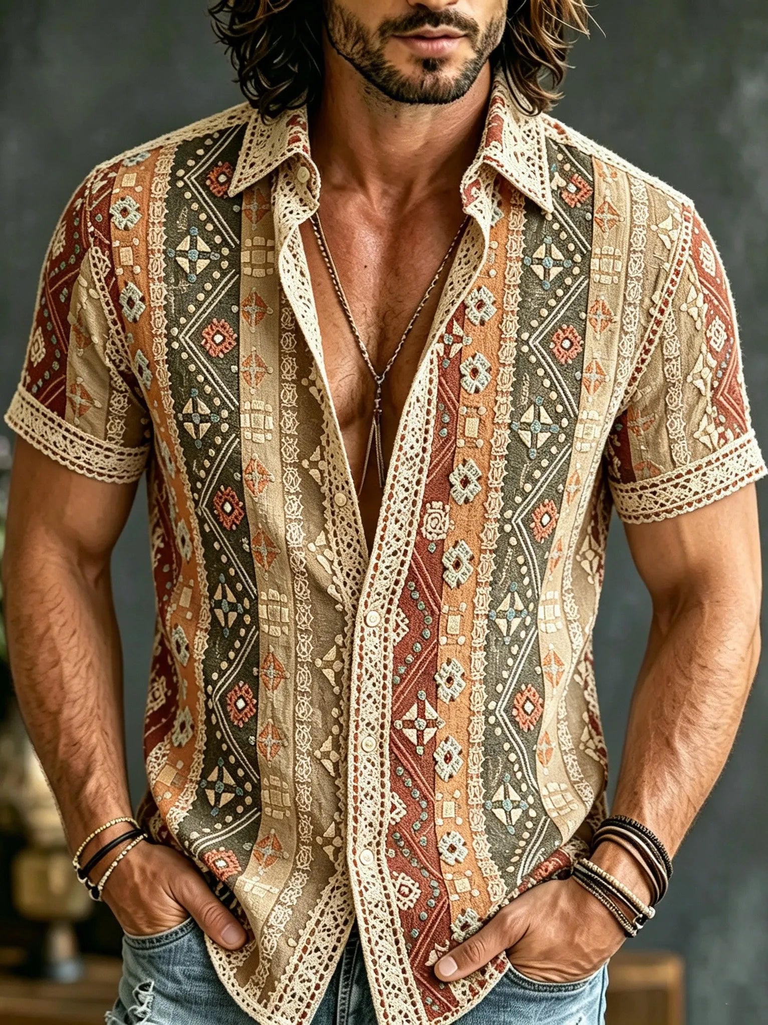 Men's Vacation Hippie Embroidered Print Short-sleeved Shirt