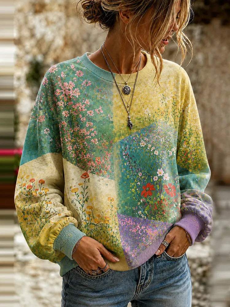 Women's Vintage Oil Painting Small Floral Print Casual Long Sleeve Sweatshirt