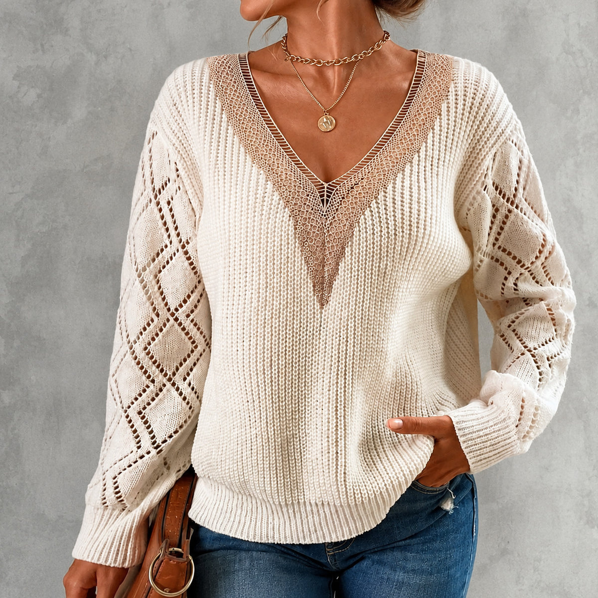 Elegant Lace-trimmed V-neck Long-sleeved Pullover Knit Sweater