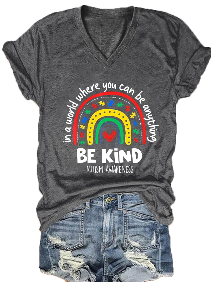 Women's Autism Awareness Rainbow Print V-Neck T-Shirt