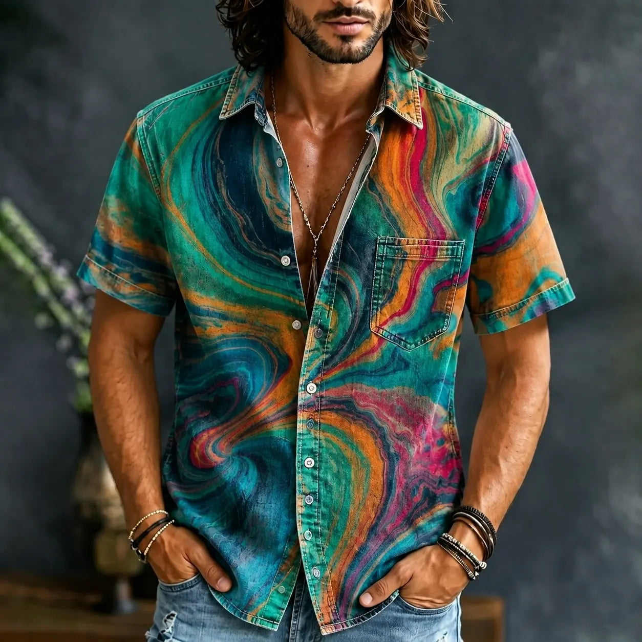 Men's Retro Colorful Tie Dye Print Pocket Short Sleeve Shirt