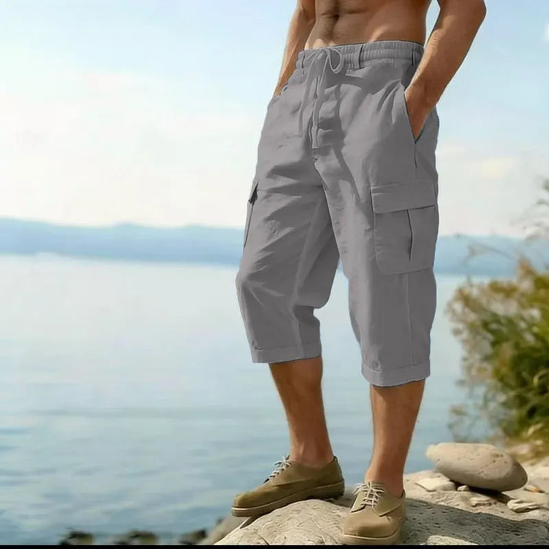 Men's Linen Cargo Pants Drawstring Multi-Pocket Straight Leg Breathable Outdoor Beach Classic Casual Pants
