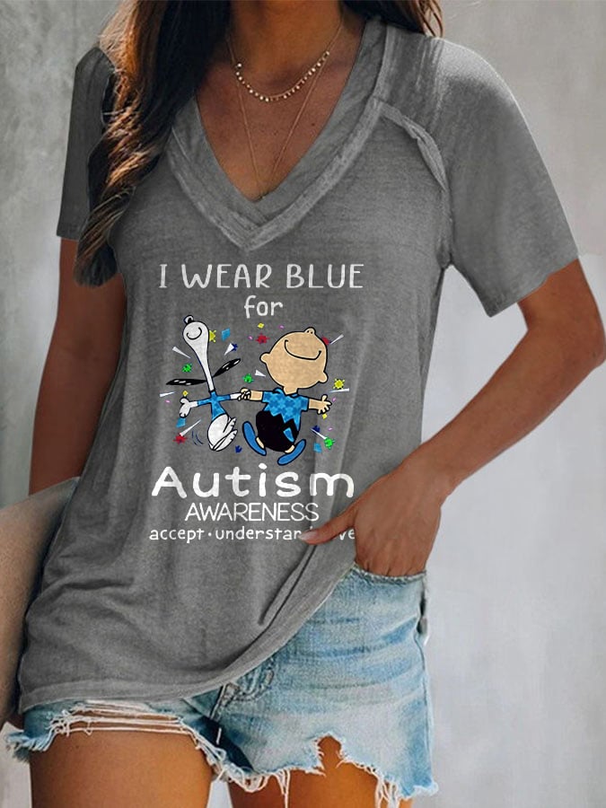 V-neck Autism Awareness I Wear Blue For Autism Print T-Shirt