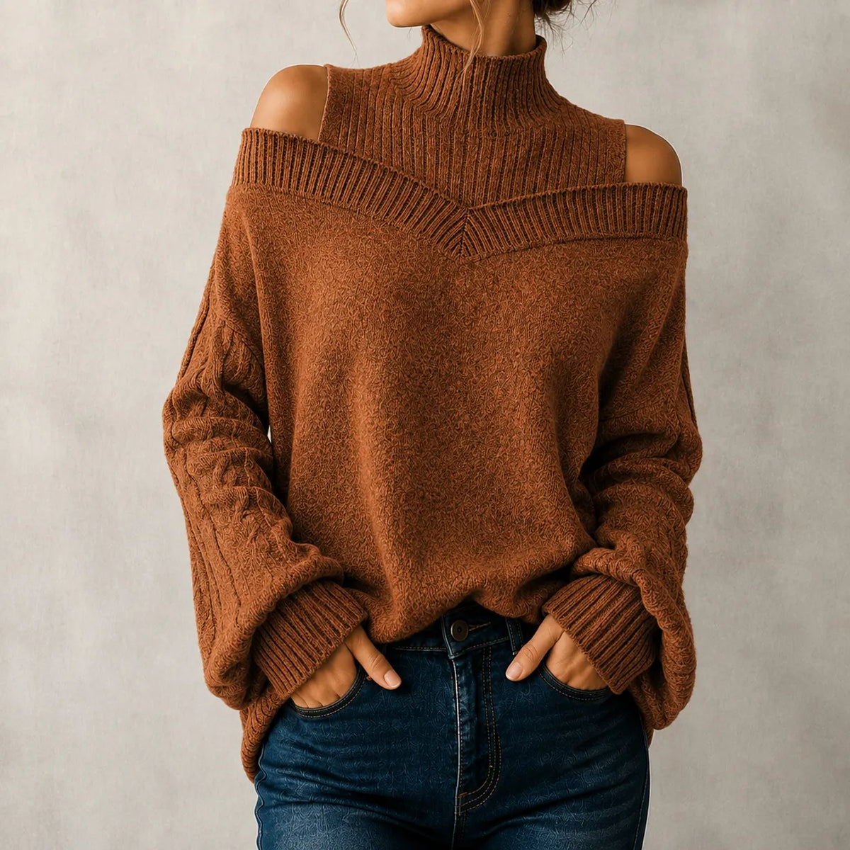 Elegant Off-shoulder Turtleneck Sweater