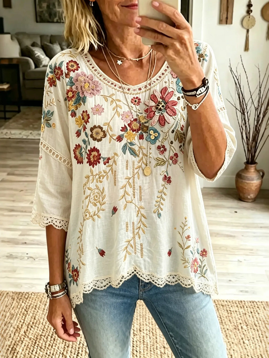 Women's Floral Design Short-sleeved Linen T-shirt