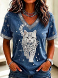 Women'S America Flag Cat Printed Casual T-Shirt
