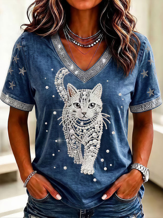 Women'S America Flag Cat Printed Casual T-Shirt