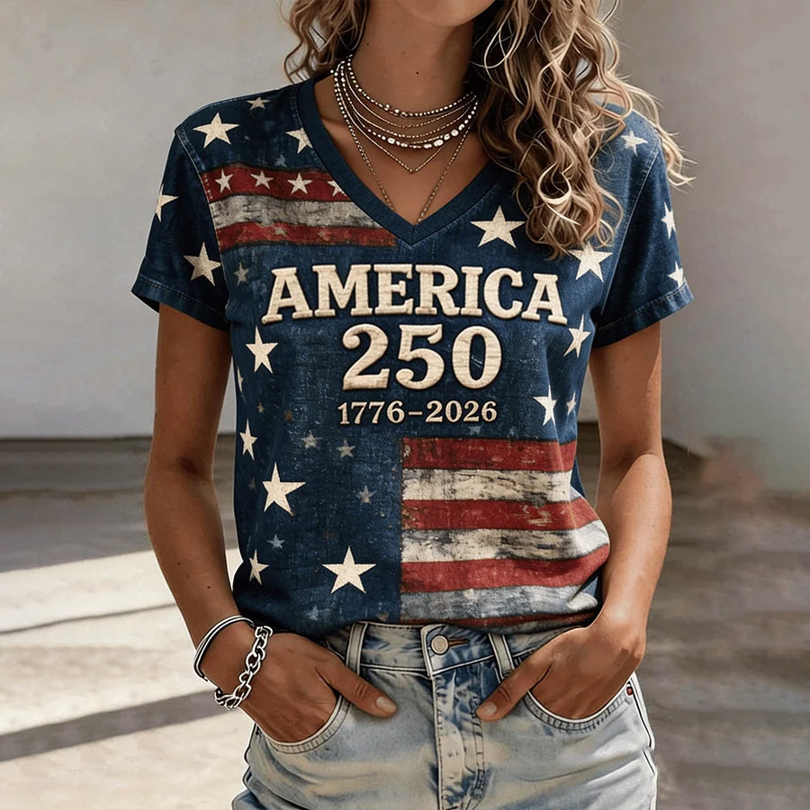 Women's 250th Anniversary American Patriotic Commemorative Retro Casual V-Neck T-Shirt