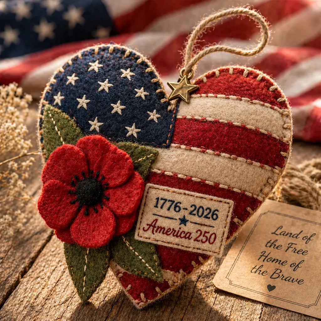 Handmade US 250 Heart Ornament – Patriotic Fabric Decor with Poppy Flower (1776–2026 Anniversary Edition)
