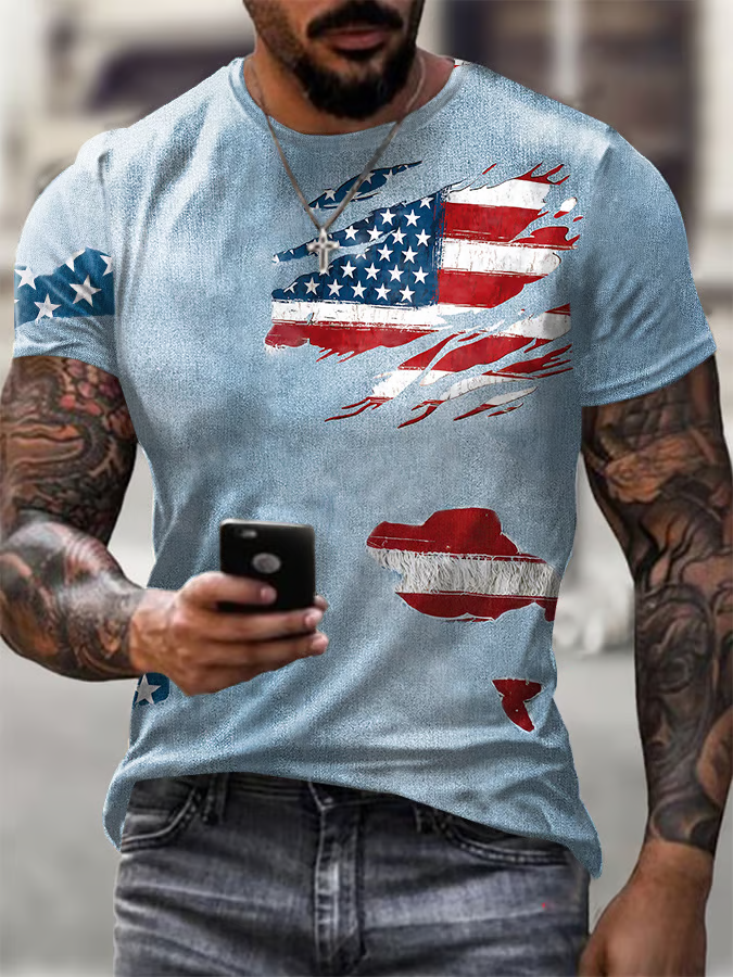 Men's Independence Day Flag Graphic Crew Neck Cotton T-Shirt