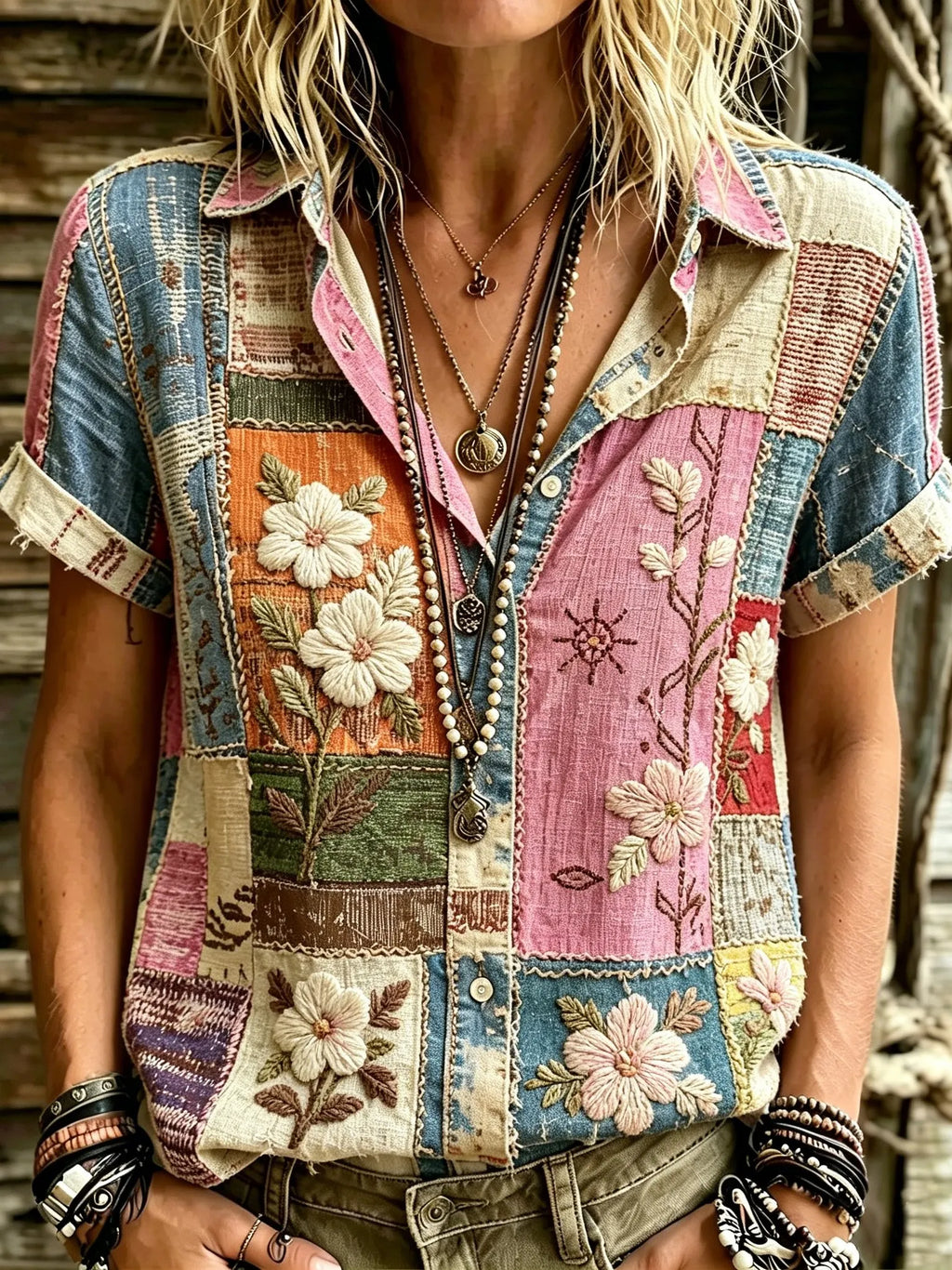 Women's Retro Bohemian Hippie Style Floral Patchwork Embroidered Print Short-sleeve Shirt