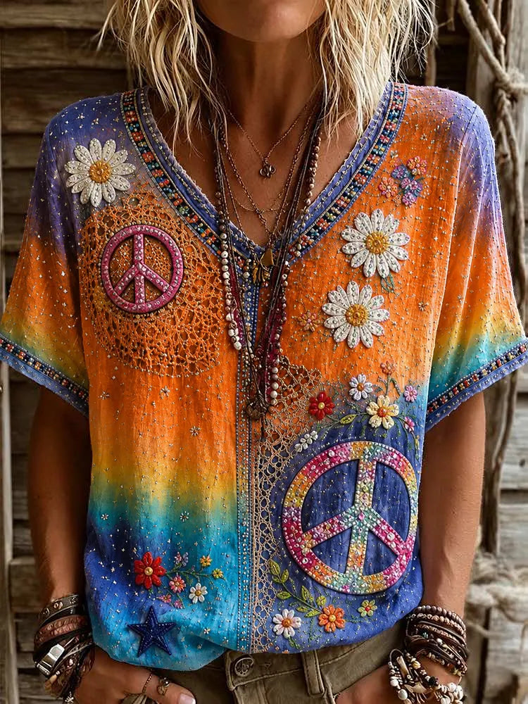 Women's Vintage Hippie Floral Patchwork Art Linen Blend Short Sleeve Tops