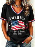 Women'S America Flag Floral Print Casual V-Neck T-Shirt