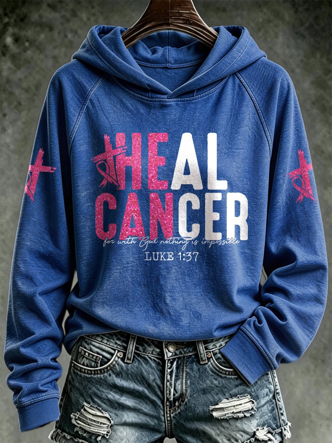 Retro Breast Cancer Awareness Heal Cancer: For With God Nothing Is Impossible Luke 1:37 Print Hoodie