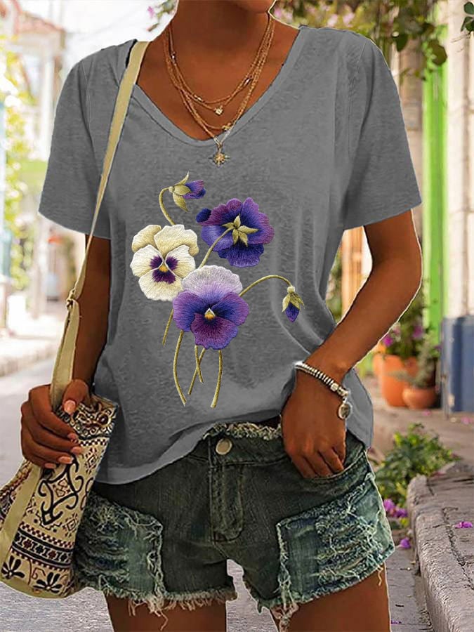Women's Alzheimer's Purple Floral V-Neck T-Shirt