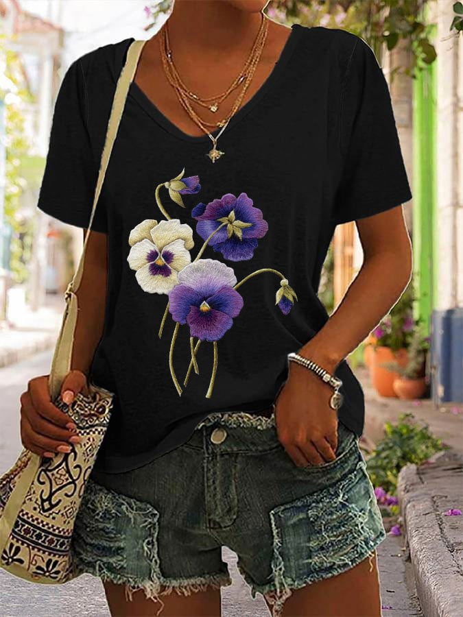 Women's Alzheimer's Purple Floral V-Neck T-Shirt