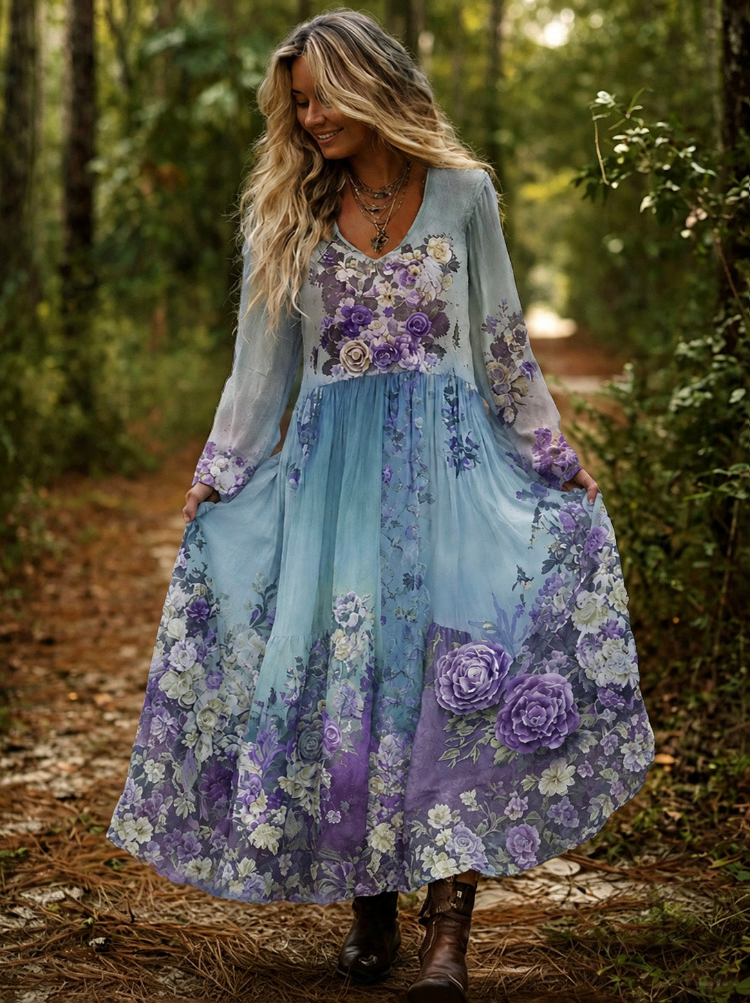 Vintage Classy Gradient Purple Lavender And Floral Embroidered Maxi Dress