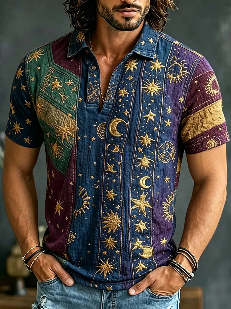 Men's Sun, Moon And Stars Color Block Short-sleeve Cotton Linen Polo Shirt
