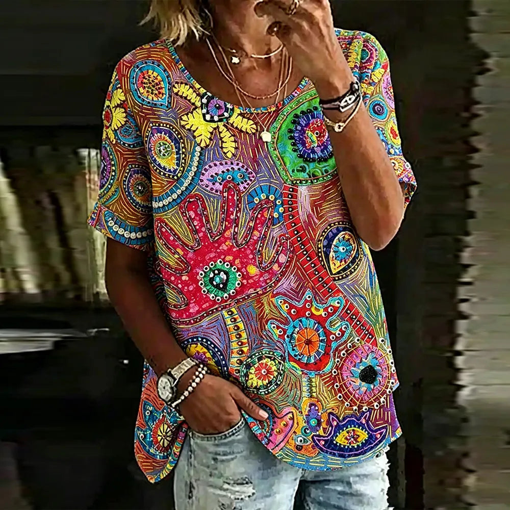 Women's Hippie Abstract Floral Embroidery Patchwork Cotton Linen Crew Neck Short Sleeve Top