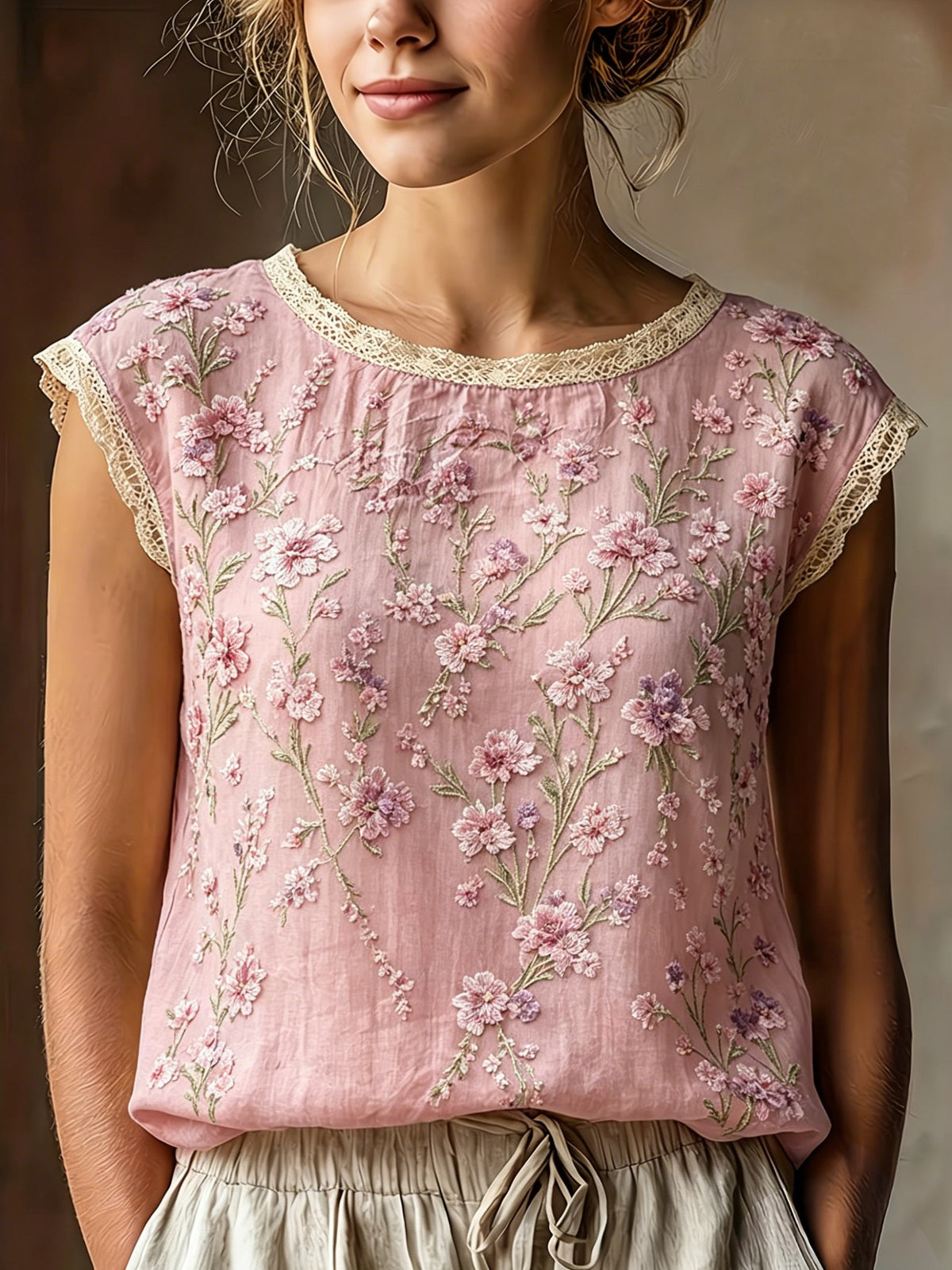 Women's Minimalist Elegant Floral Print Lace Top