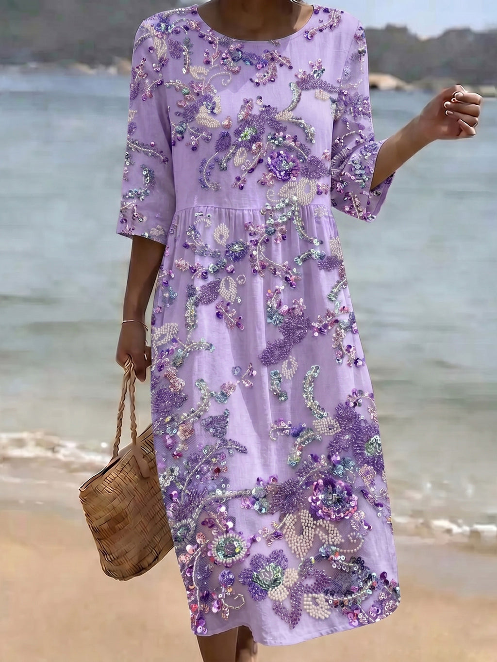 Women's Flower Embroidery Art Crew Neck Midi Dress